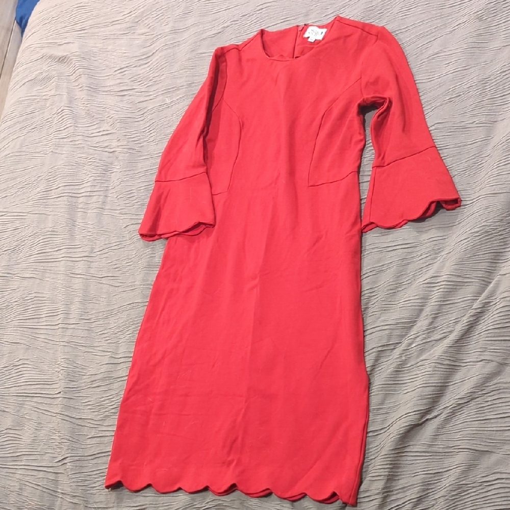 Skirt Society || Medium || Red Scalloped Hem Dress With Bell Sleeves